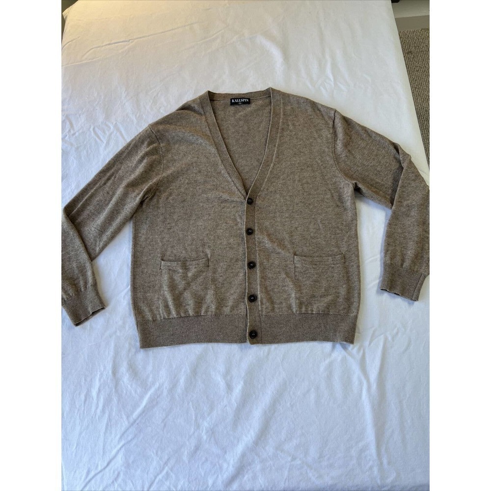 Kallspin Men Cashmere Wool Blend Cardigan Sweater V Neck Button Up Tan XL
